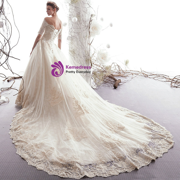 Shop 2019 Long & Short Champagne Tulle Lace Off the Shoulder Short Sleeve Wedding Dress Beading With Factory Price From Kemedress