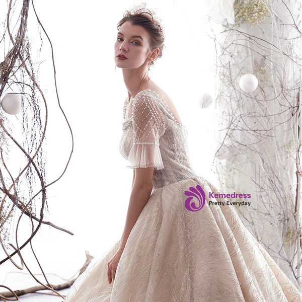 Shop 2019 Long & Short Champagne Ball Gown Tulle Sequins Square Short Sleeve Wedding Dress With Train With Factory Price From Kemedress