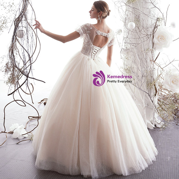 Shop 2019 Long & Short Light Champagne Tulle Puff Sleeve Backless Long Wedding Dress With Factory Price From Kemedress