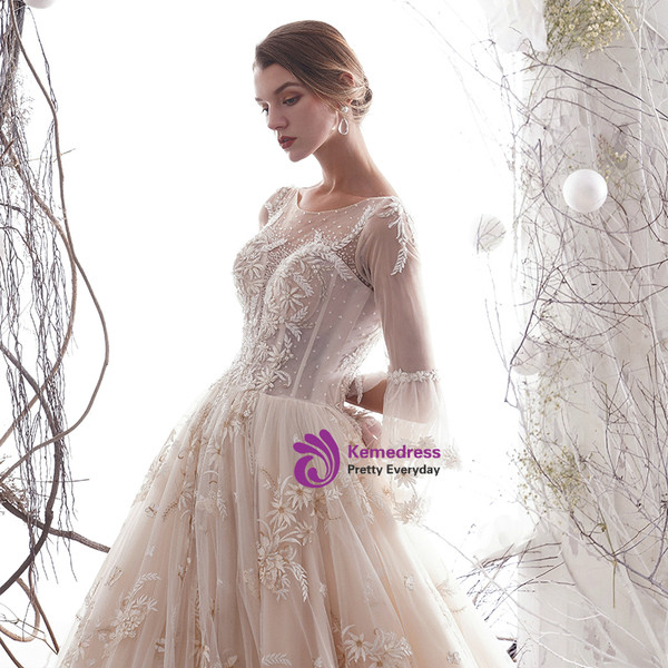 Shop 2019 Long & Short Champagne Ball Gown Tulle Appliques 3/4 Sleeve Wedding Dress With Long Train With Factory Price From Kemedress