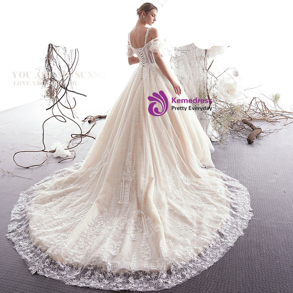 Shop 2019 Long & Short Champagne Ball Gown Tulle Spaghetti Straps Tulle Lace Appliques Wedding Dress With Factory Price From Kemedress