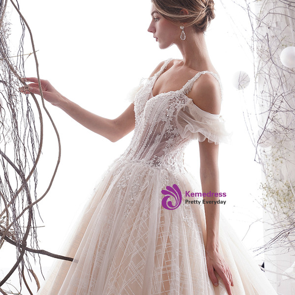 Shop 2019 Long & Short Champagne Ball Gown Tulle Spaghetti Straps Tulle Lace Appliques Wedding Dress With Factory Price From Kemedress