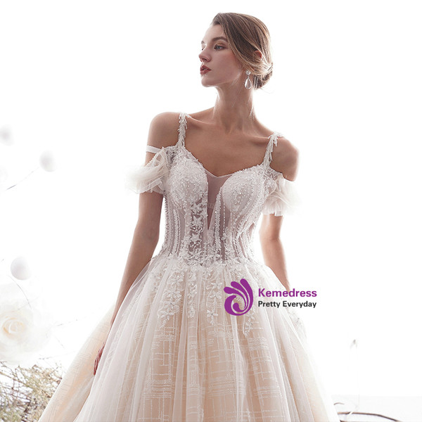 Shop 2019 Long & Short Champagne Ball Gown Tulle Spaghetti Straps Tulle Lace Appliques Wedding Dress With Factory Price From Kemedress