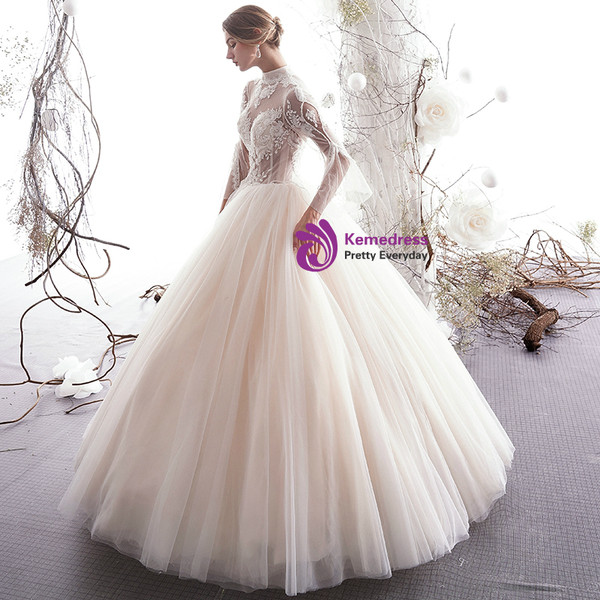 Shop 2019 Long & Short Champagne Ball Gown Tulle High Neck Appliques Long Sleeve Wedding Dress With Factory Price From Kemedress