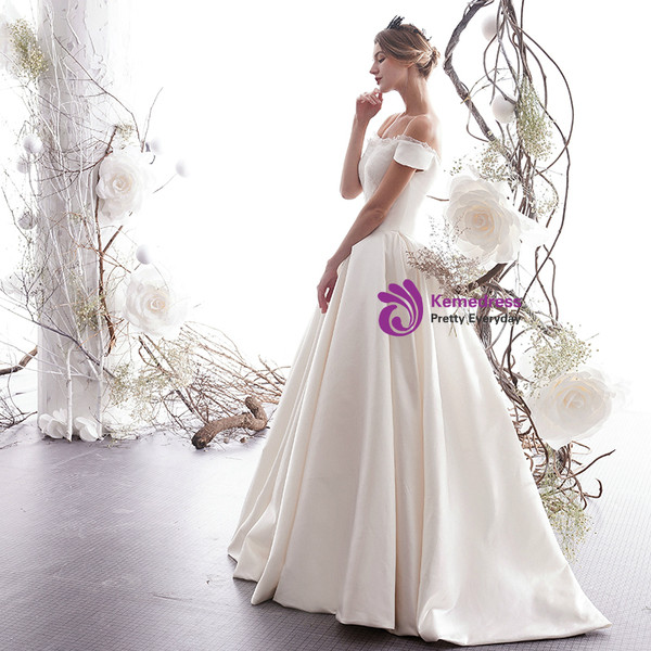 Shop 2019 Long & Short Simple A-Line Champagne Satin Off The Shoulder Wedding Dress With Factory Price From Kemedress