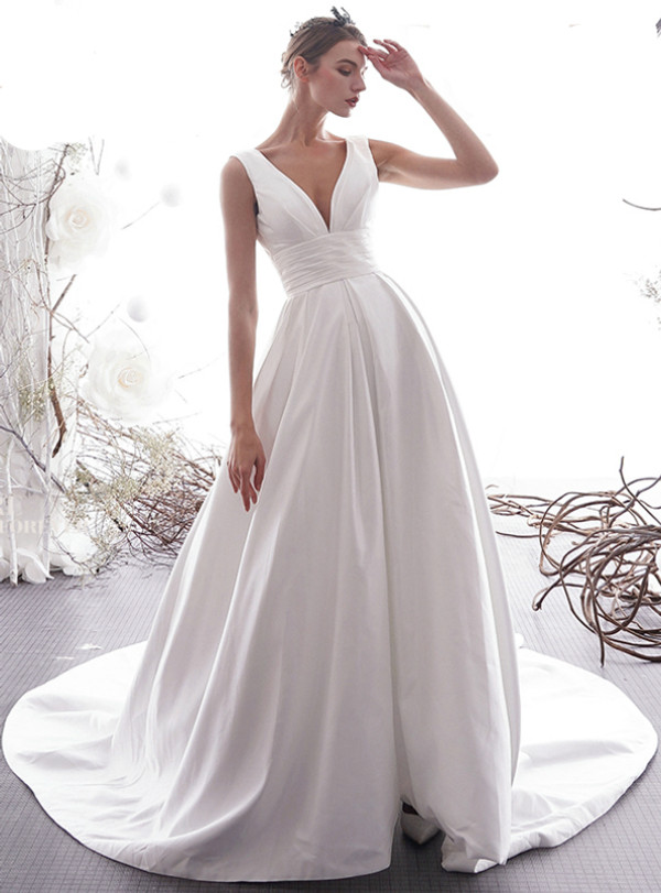 Shop 2019 Long & Short A-Line White Satin Deep V-neck Backless Pleats Wedding Dress With Factory Price From Kemedress