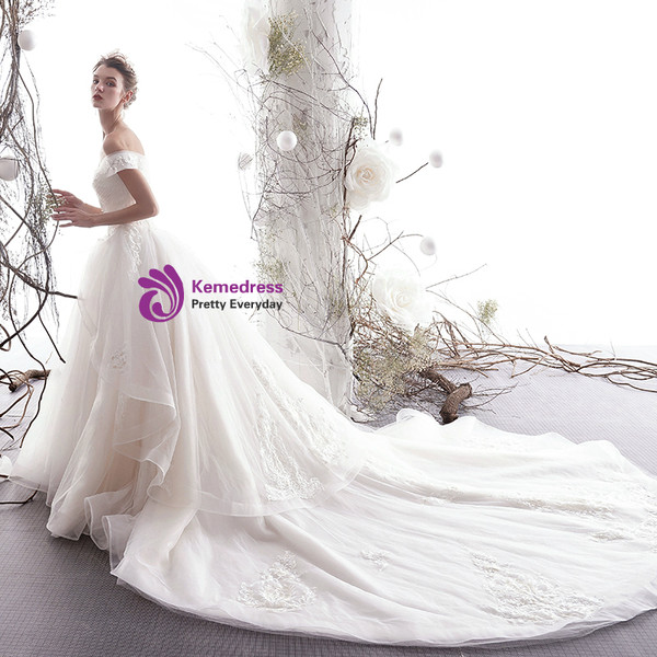 Shop 2019 Long & Short Marvelous Light Champagne Tulle Appliques Off The Shoulder Wedding Dress With Beading With Factory Price From Kemedress