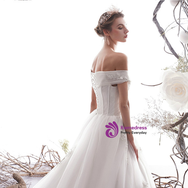 Shop 2019 Long & Short White Tulle Lace Appliques Off The Shoulder Corset Wedding Dress With Factory Price From Kemedress