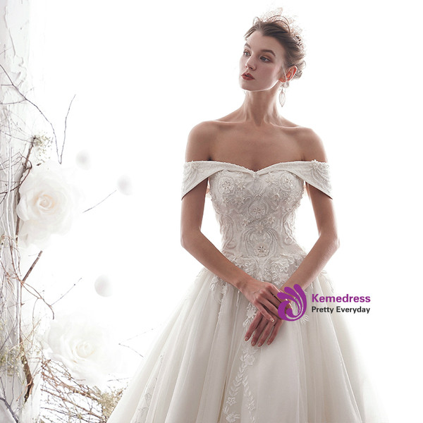 Shop 2019 Long & Short Ball Gown Champagne Tulle Lace Apliques Wedding Princess Dress  With Factory Price From Kemedress