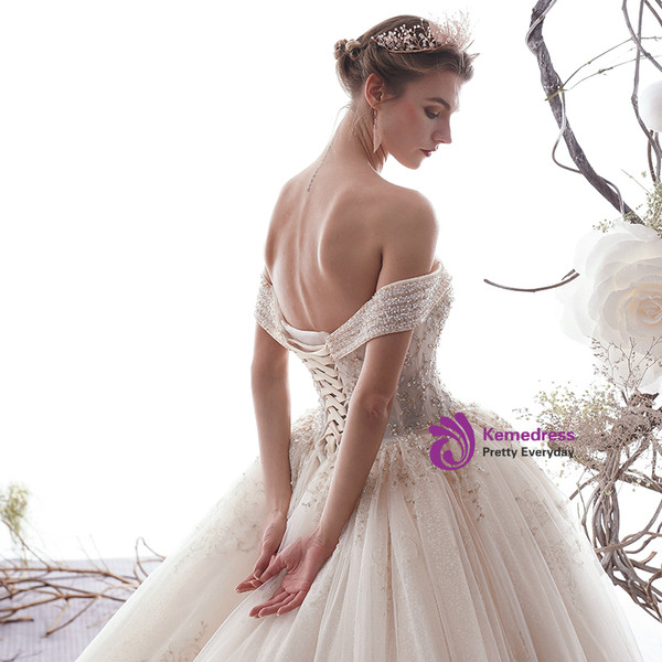 Shop 2019 Long & Short Adorable Champagne Tulle Lace Off The Shoulder Wedding Dress With Beading With Factory Price From Kemedress