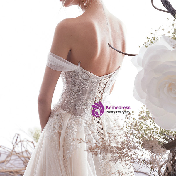 Shop 2019 Long & Short A-Line Champagne Tulle Appliques Off The Shoulder Wedding Dress  With Factory Price From Kemedress