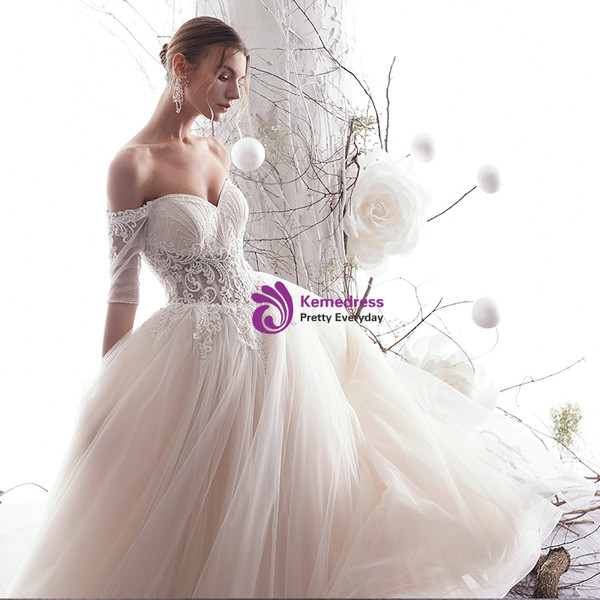 Shop 2019 Long & Short A-Line Champagne Tulle Off The Shoulder Short Sleeve Wedding Dress With Factory Price From Kemedress