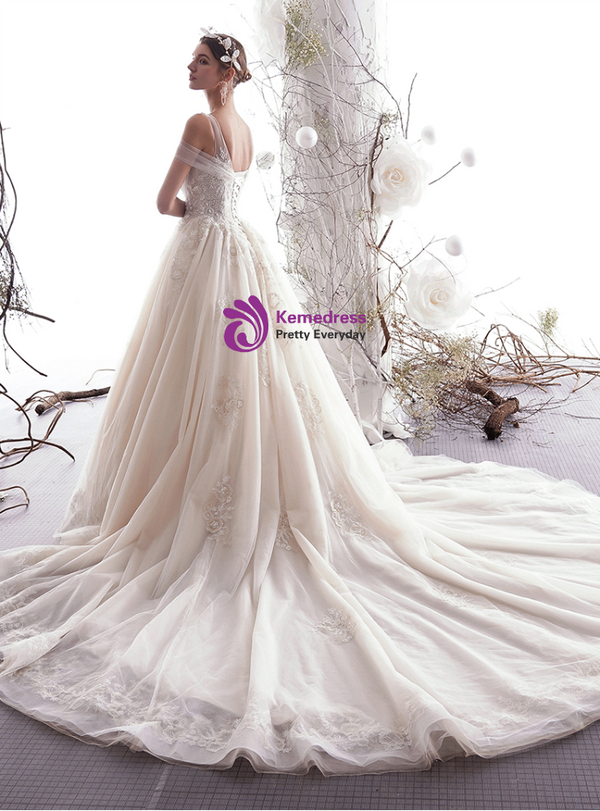 Shop 2019 Long & Short Champagne Ball Gown Tulle Appliques Bateau Backless Wedding Dress With Factory Price From Kemedress