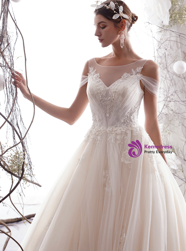 Shop 2019 Long & Short Champagne Ball Gown Tulle Appliques Bateau Backless Wedding Dress With Factory Price From Kemedress