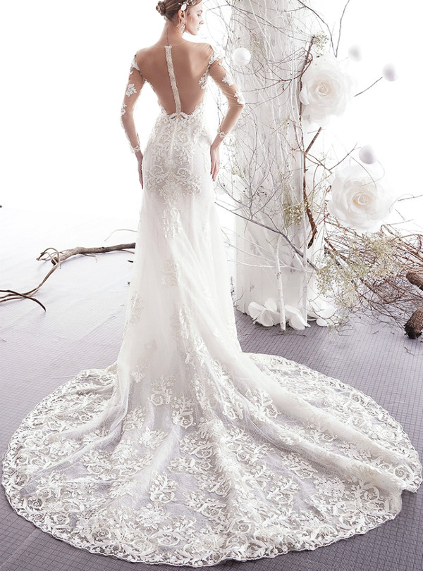 Shop 2019 Long & Short Ivory White Mermaid Lace Long Sleeve See Through Back Wedding Dress With Factory Price From Kemedress