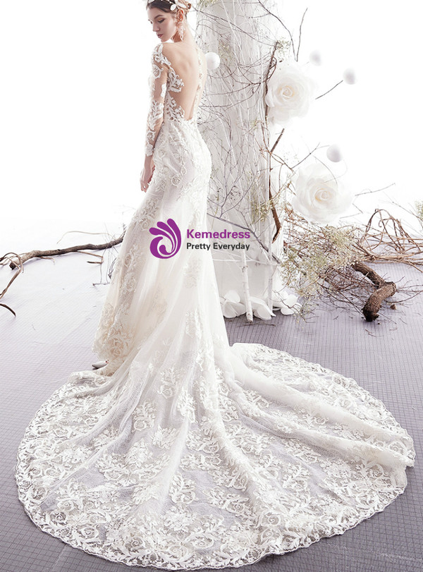 Shop 2019 Long & Short Ivory White Mermaid Lace Long Sleeve See Through Back Wedding Dress With Factory Price From Kemedress
