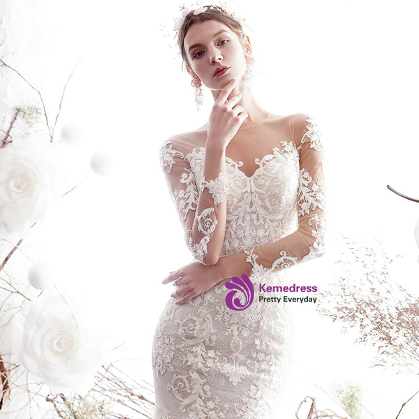 Shop 2019 Long & Short Ivory White Mermaid Lace Long Sleeve See Through Back Wedding Dress With Factory Price From Kemedress