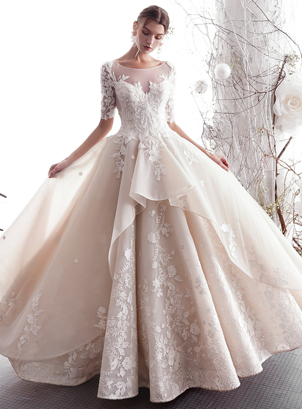 Shop 2019 Long & Short A-Line Champagne Tulle Appliques Sleeve Backless Floor Length Wedding Dress With Factory Price From Kemedress