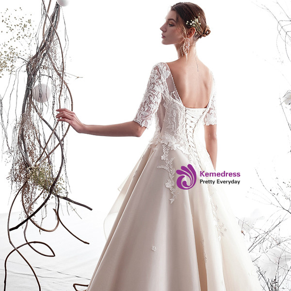 Shop 2019 Long & Short A-Line Champagne Tulle Appliques Sleeve Backless Floor Length Wedding Dress With Factory Price From Kemedress