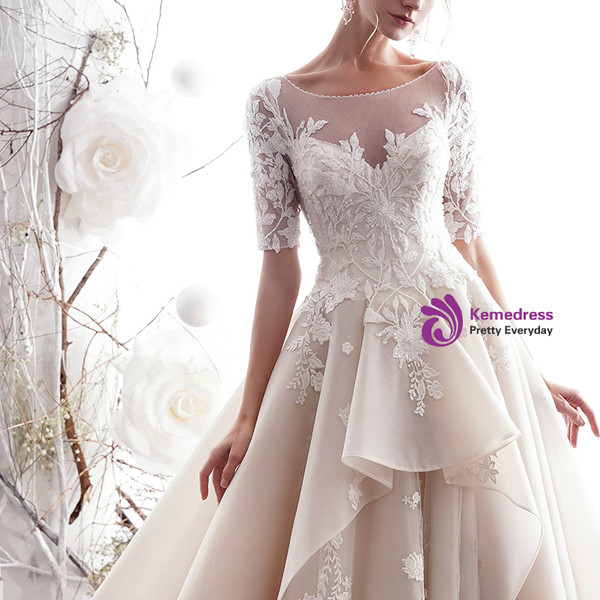 Shop 2019 Long & Short A-Line Champagne Tulle Appliques Sleeve Backless Floor Length Wedding Dress With Factory Price From Kemedress