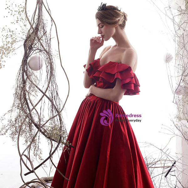 Shop 2019 Long & Short A-Line Burgundy Satin Off The Shoulder Puff Sleeve Prom Dress With Factory Price From Kemedress
