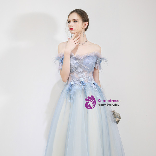 Shop 2019 Long & Short In Stock:Ship in 48 Hours Blue Tulle Appliques Prom Dress With Factory Price From Kemedress