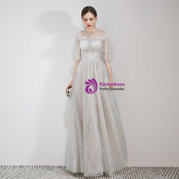 Shop 2019 Long & Short In Stock:Ship in 48 Hours A-Line Gray Tulle Short Sleeve Prom Dress With Factory Price From Kemedress