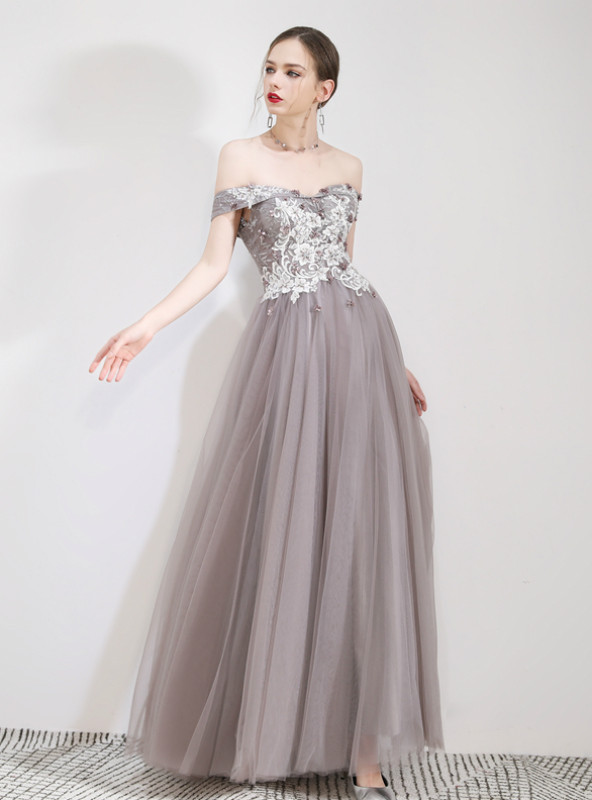 Shop 2019 Long & Short  In Stock:Ship in 48 Hours Gray Tulle Appliques Off The Shoulder Prom Dress With Factory Price From Kemedress