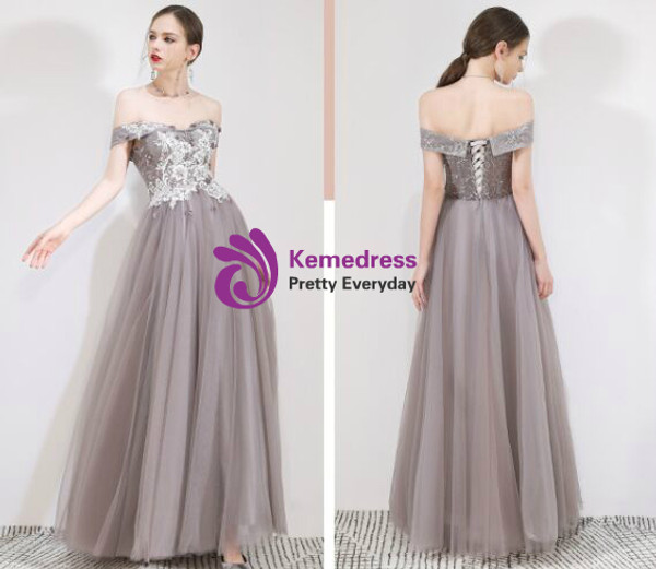 Shop 2019 Long & Short  In Stock:Ship in 48 Hours Gray Tulle Appliques Off The Shoulder Prom Dress With Factory Price From Kemedress
