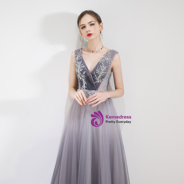 Shop 2019 Long & Short In Stock:Ship in 48 Hours Gray Tulle Deep V-neck Appliques Prom Dress With Factory Price From Kemedress