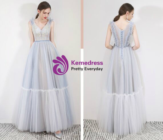 Shop 2019 Long & Short In Stock:Ship in 48 Hours Blue Tulle V-neck Long Prom Dress With Factory Price From Kemedress