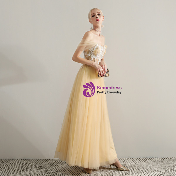 Shop 2019 Long & Short In Stock:Ship in 48 Hours Champagne Tulle Off The Shoulder Prom Dress With Factory Price From Kemedress