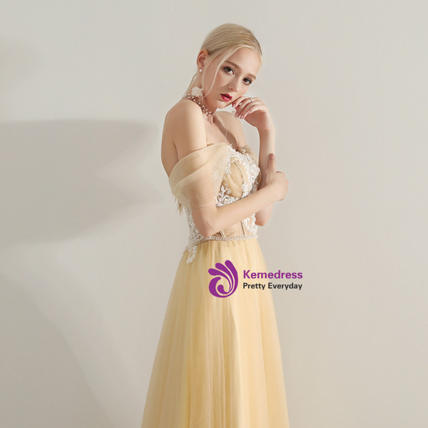 Shop 2019 Long & Short In Stock:Ship in 48 Hours Champagne Tulle Off The Shoulder Prom Dress With Factory Price From Kemedress