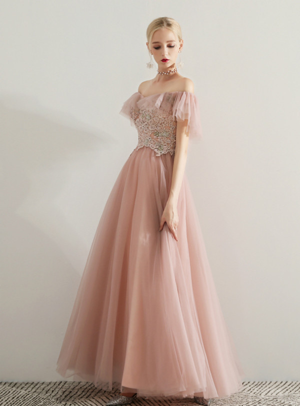 Shop 2019 Long & Short In Stock:Ship in 48 Hours Pink Tulle Off The Shoulder Appliques Prom Dress With Factory Price From Kemedress