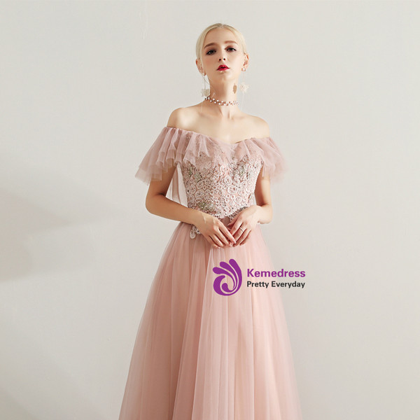 Shop 2019 Long & Short In Stock:Ship in 48 Hours Pink Tulle Off The Shoulder Appliques Prom Dress With Factory Price From Kemedress