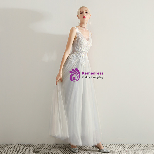 Shop 2019 Long & Short  In Stock:Ship in 48 Hours Light Blue V-neck Long Prom Dress With Factory Price From Kemedress