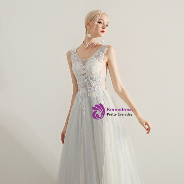 Shop 2019 Long & Short  In Stock:Ship in 48 Hours Light Blue V-neck Long Prom Dress With Factory Price From Kemedress