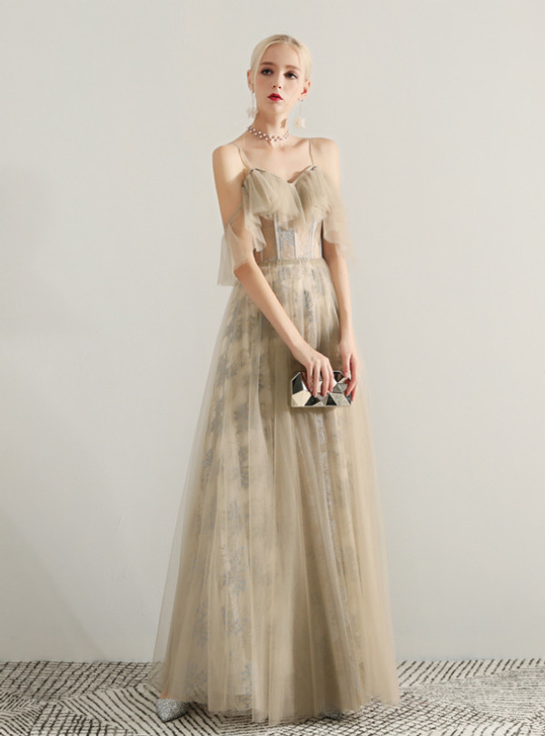 Shop 2019 Long & Short In Stock:Ship in 48 Hours A-Line Champagne Tulle Spaghetti Straps  With Factory Price From Kemedress