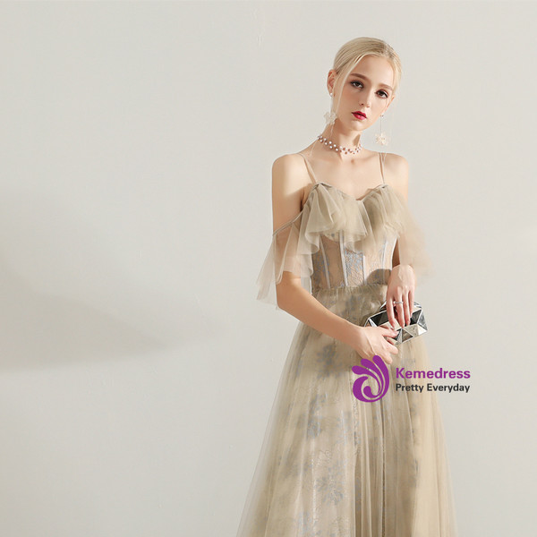 Shop 2019 Long & Short In Stock:Ship in 48 Hours A-Line Champagne Tulle Spaghetti Straps  With Factory Price From Kemedress