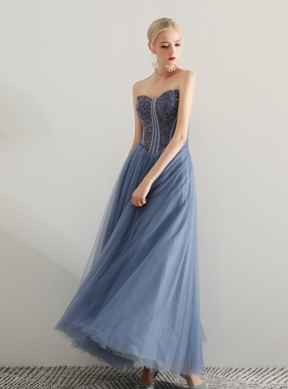 Shop 2019 Long & Short In Stock:Ship in 48 Hours Blue Tulle Sweetheart Prom Dress With Beading With Factory Price From Kemedress