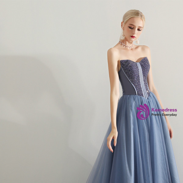 Shop 2019 Long & Short In Stock:Ship in 48 Hours Blue Tulle Sweetheart Prom Dress With Beading With Factory Price From Kemedress