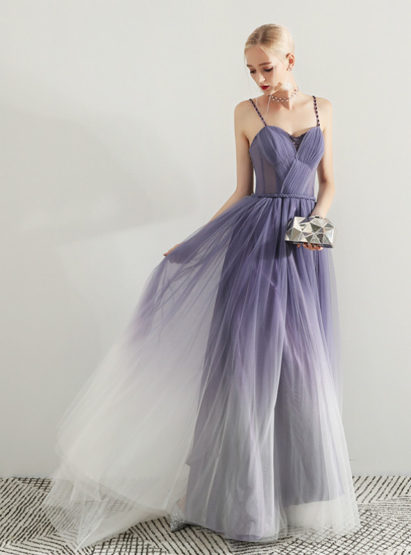Shop 2019 Long & Short In Stock:Ship in 48 Hours Purple Tulle Spaghetti Straps Prom Dress With Factory Price From Kemedress
