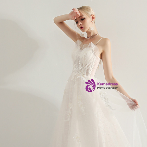 Shop 2019 Long & Short In Stock:Ship in 48 Hours White Tulle Lace Appliques Spaghetti Straps Prom Dress With Factory Price From Kemedress