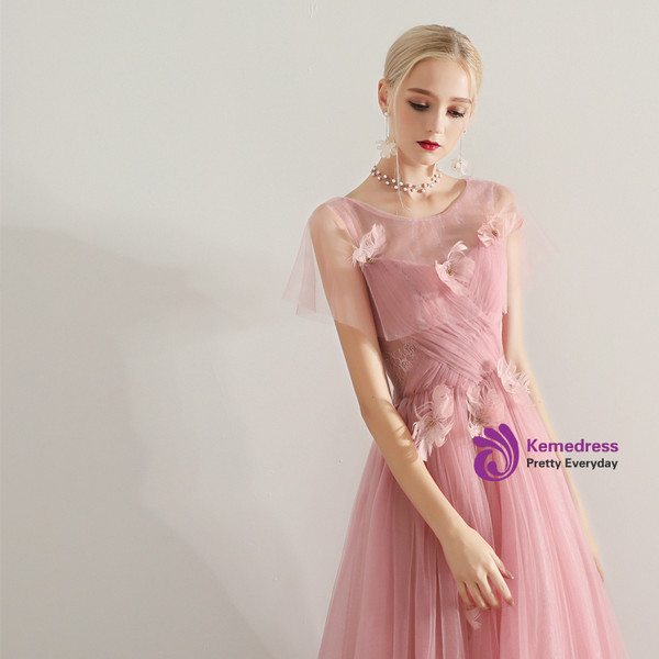 Shop 2019 Long & Short In Stock:Ship in 48 Hours Pink Tulle Appliques Prom Dress With Factory Price From Kemedress