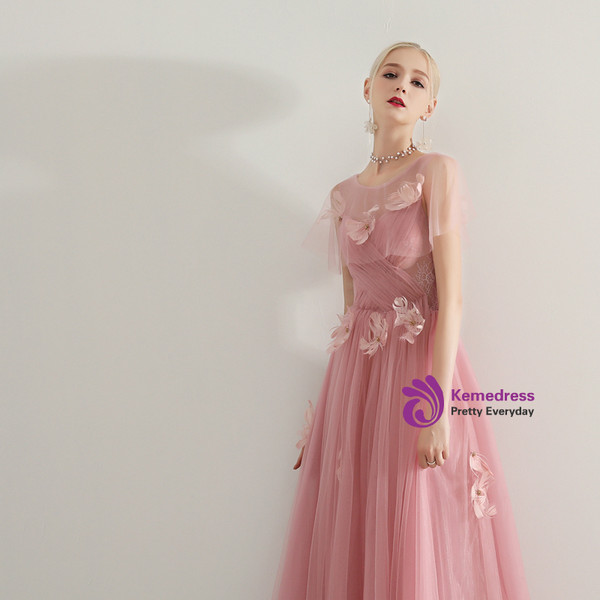 Shop 2019 Long & Short In Stock:Ship in 48 Hours Pink Tulle Appliques Prom Dress With Factory Price From Kemedress