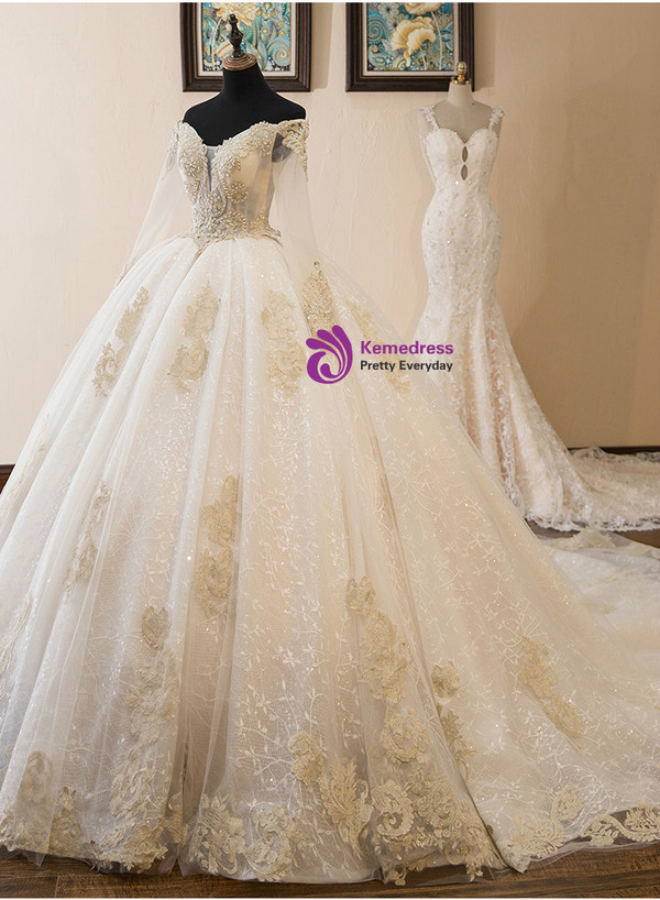 Shop 2019 Long & Short Light Champagne Tulle Off The Shoulder Long Sleeve Wedding Dress With Train With Factory Price From Kemedress