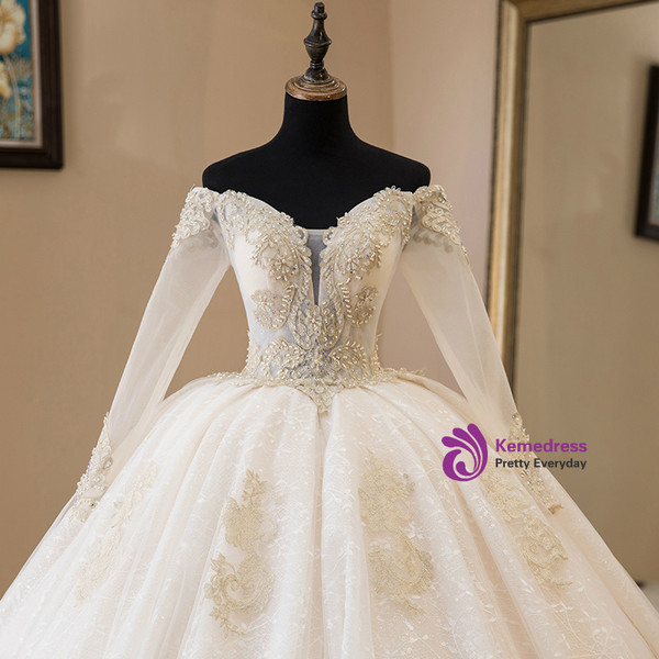 Shop 2019 Long & Short Light Champagne Tulle Off The Shoulder Long Sleeve Wedding Dress With Train With Factory Price From Kemedress