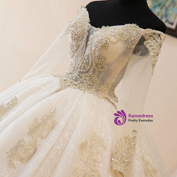 Shop 2019 Long & Short Light Champagne Tulle Off The Shoulder Long Sleeve Wedding Dress With Train With Factory Price From Kemedress