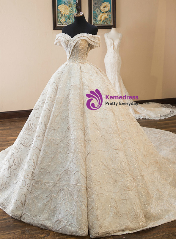 Shop 2019 Long & Short Luxury Champagne Ball Gown Lace Off The Shoulder Wedding Dress With Pearls With Factory Price From Kemedress