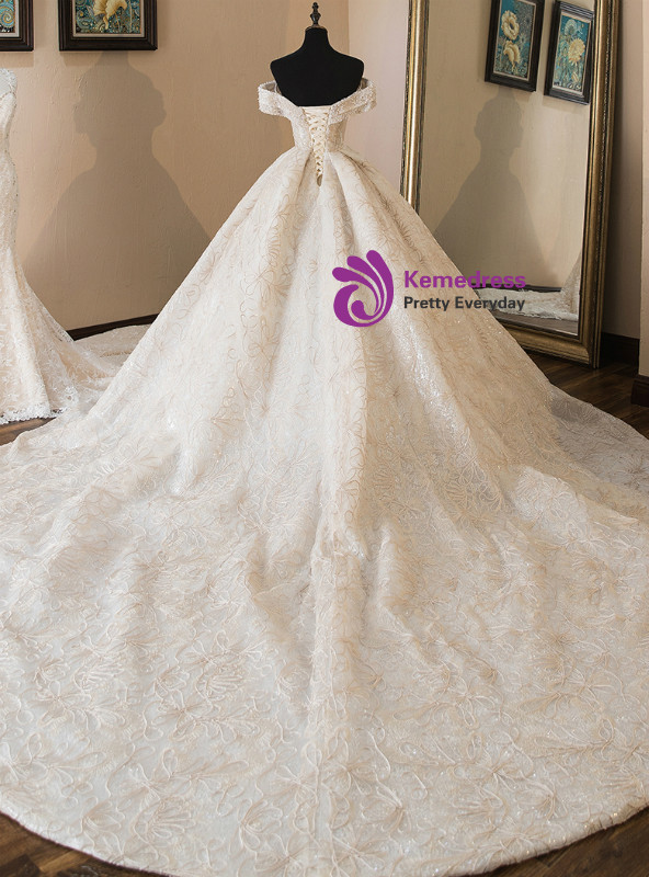 Shop 2019 Long & Short Luxury Champagne Ball Gown Lace Off The Shoulder Wedding Dress With Pearls With Factory Price From Kemedress